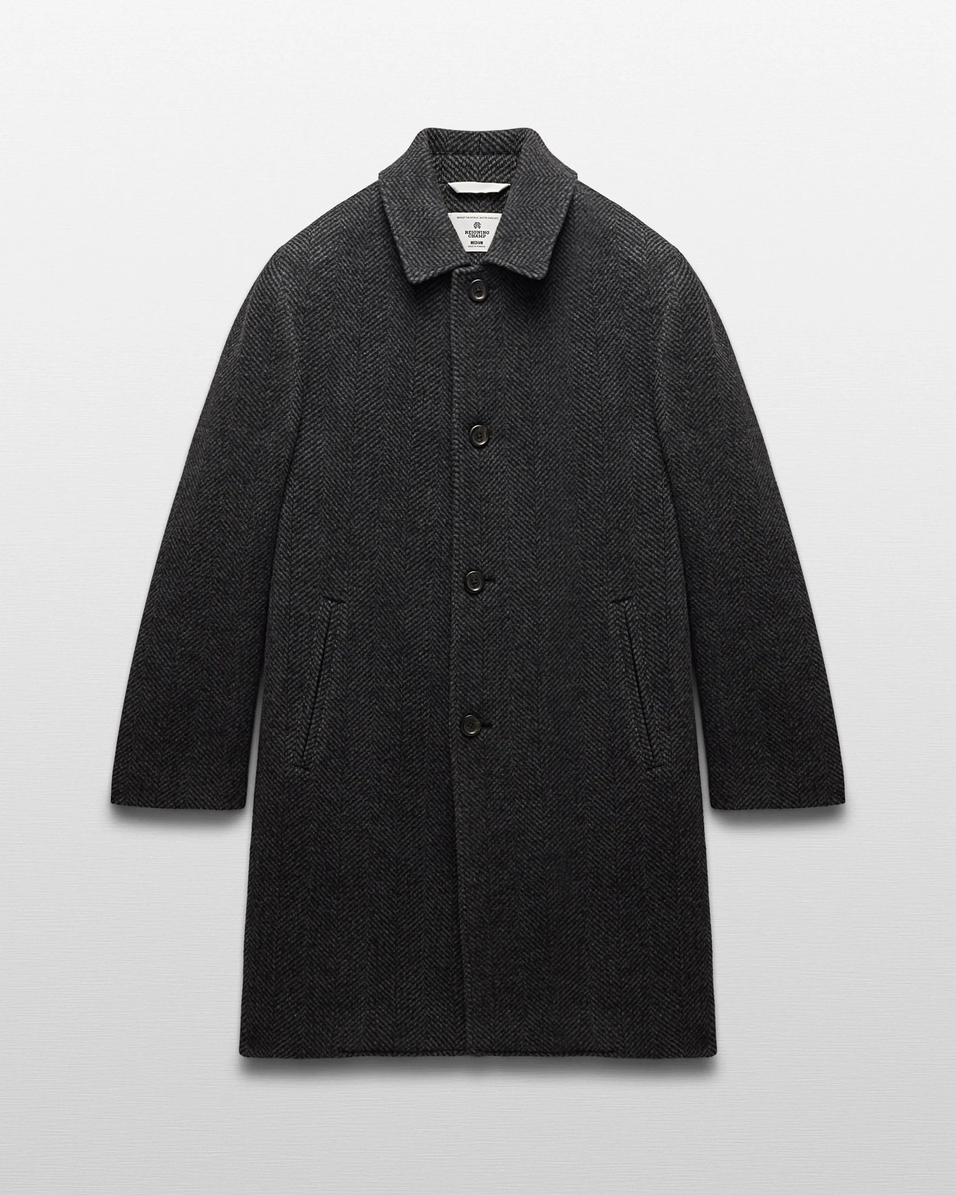 Reigning Champ Scout Coat in Black/Grey Wool Herringbone