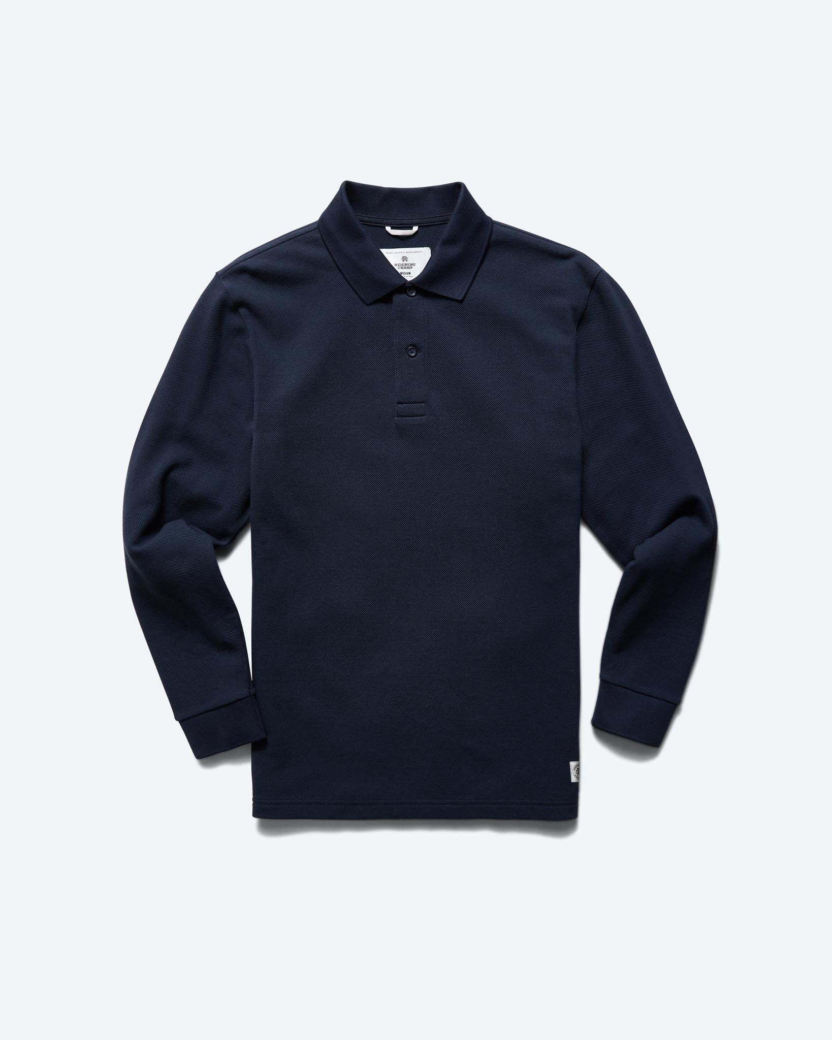 Reigning Champ Athletic Pique Academy LS Polo in Navy